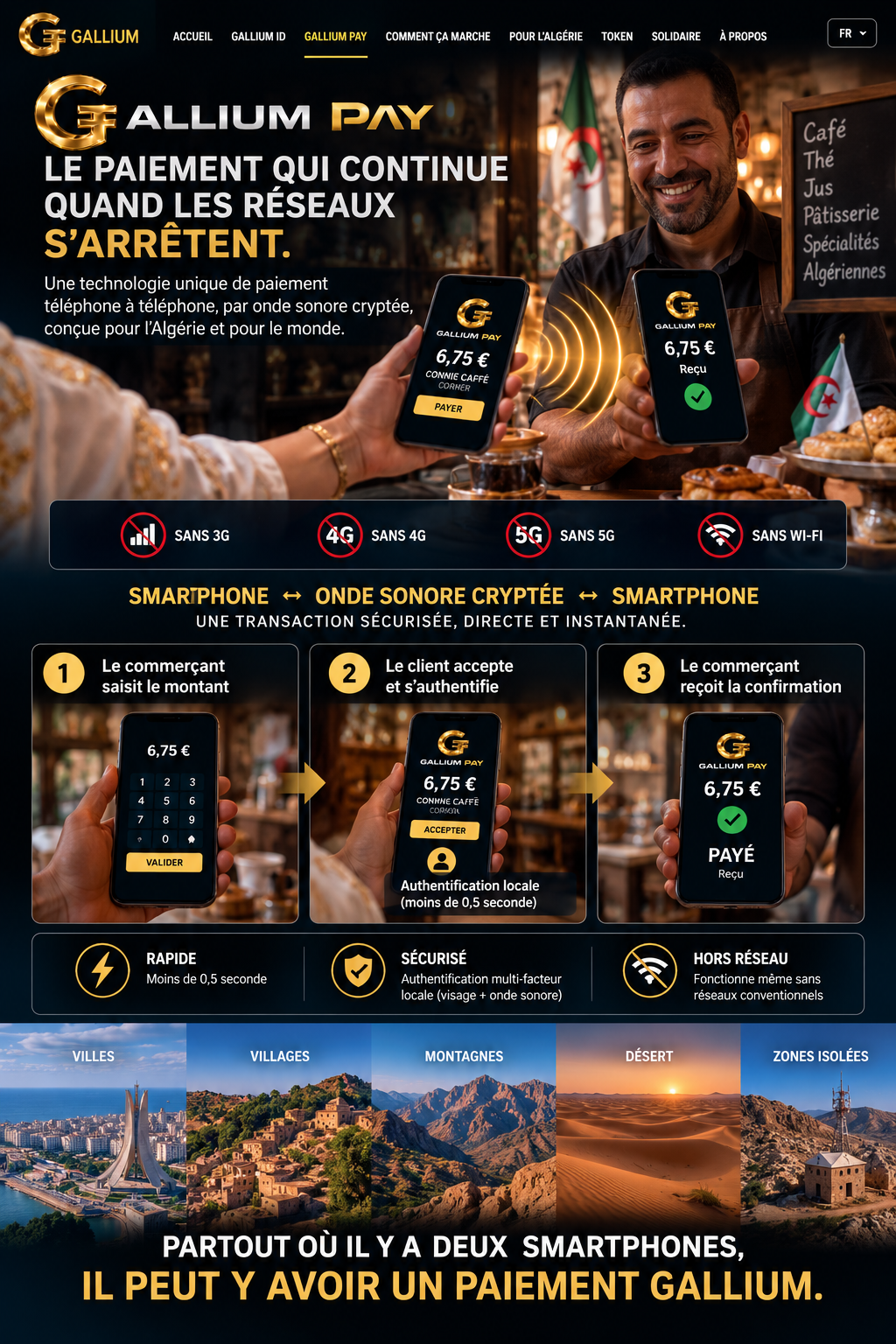 GALLIUM PAY Algérie — paiement direct entre smartphones par onde sonore cryptée, conçu pour fonctionner sans réseaux conventionnels