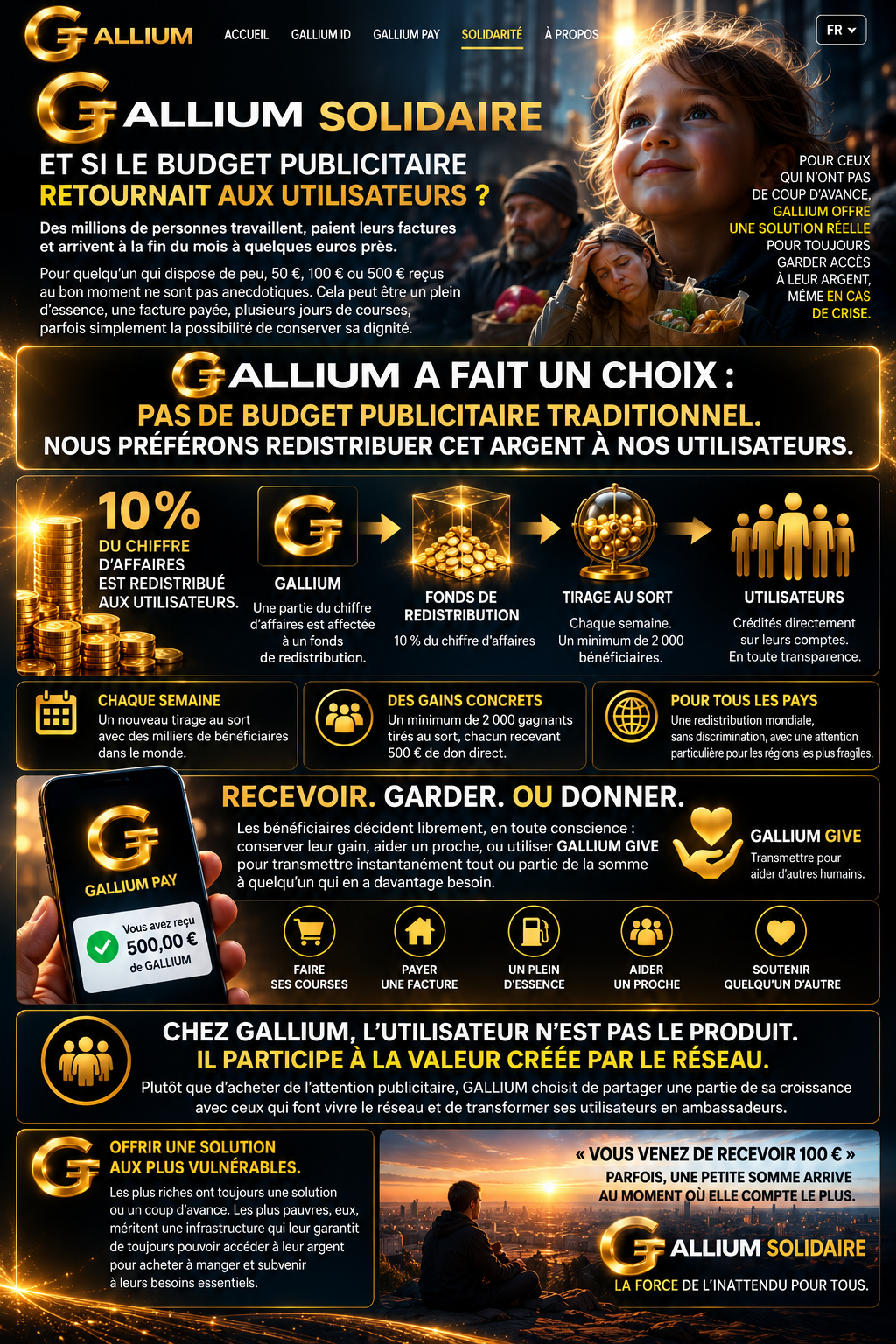 GALLIUM SOLIDAIRE — redistribution d’une partie du chiffre d’affaires aux utilisateurs, dons surprises et soutien aux plus vulnérables